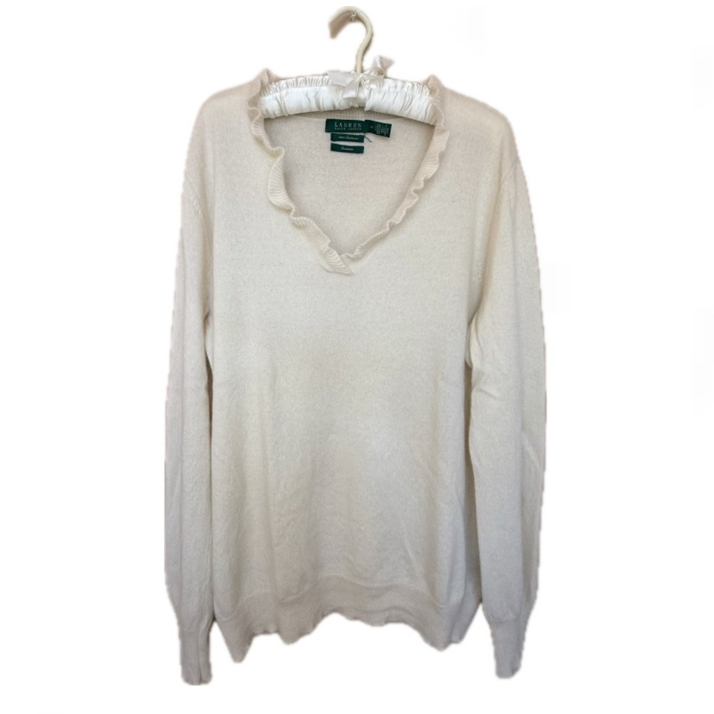 Lauren Ralph Lauren Women's V-Neck Sweater Ivory Cream 100% Cashmere Long Sleeve